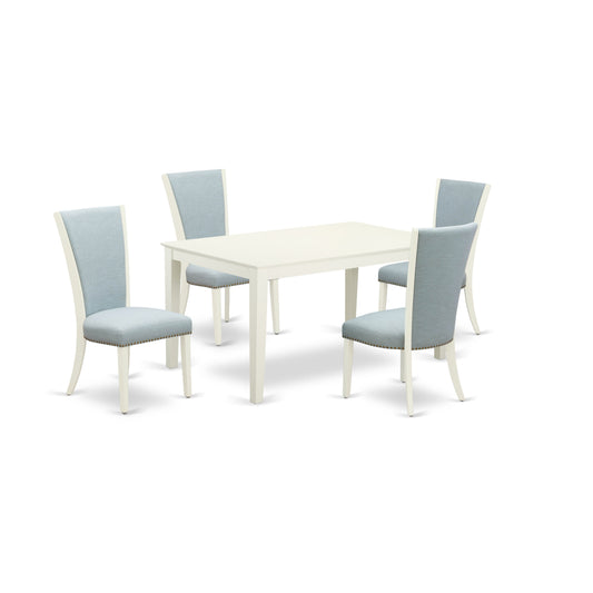 EAST WEST FURNITURE - CAVE5-LWH-15 - 5 Piece Dining Table Set - 4 Baby Blue Linen Fabric Dining Chairs with High Back and 1 Wooden Dining Table - linen white Finish
