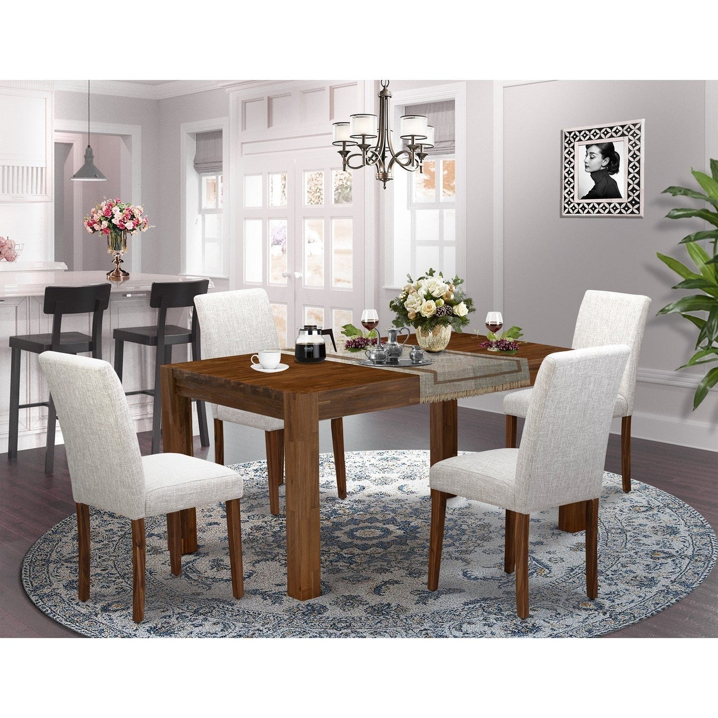 EAST WEST FURNITURE - CNAB5-NN-35 - 5-Pc Dining Table Set- 4 Dining Chairs and Rectangular Dining Table - Doeskin Linen Fabric Seat and High Chair Back (Antique Walnut Finish)