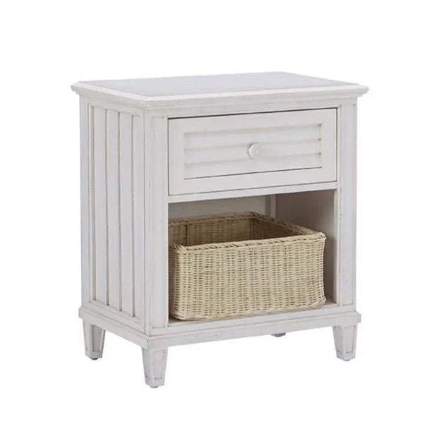 Cane Bay One Drawer White Nightstand with Basket