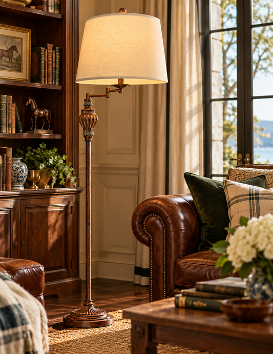 Carved Swing-Arm Floor Lamp — Antique Finish