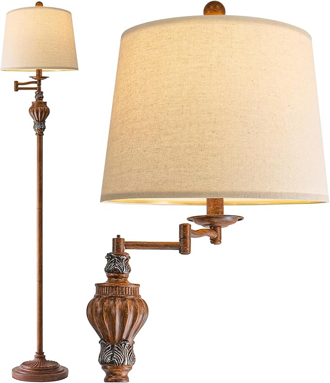 Wooden swing-arm table lamp with beige shade on a white background