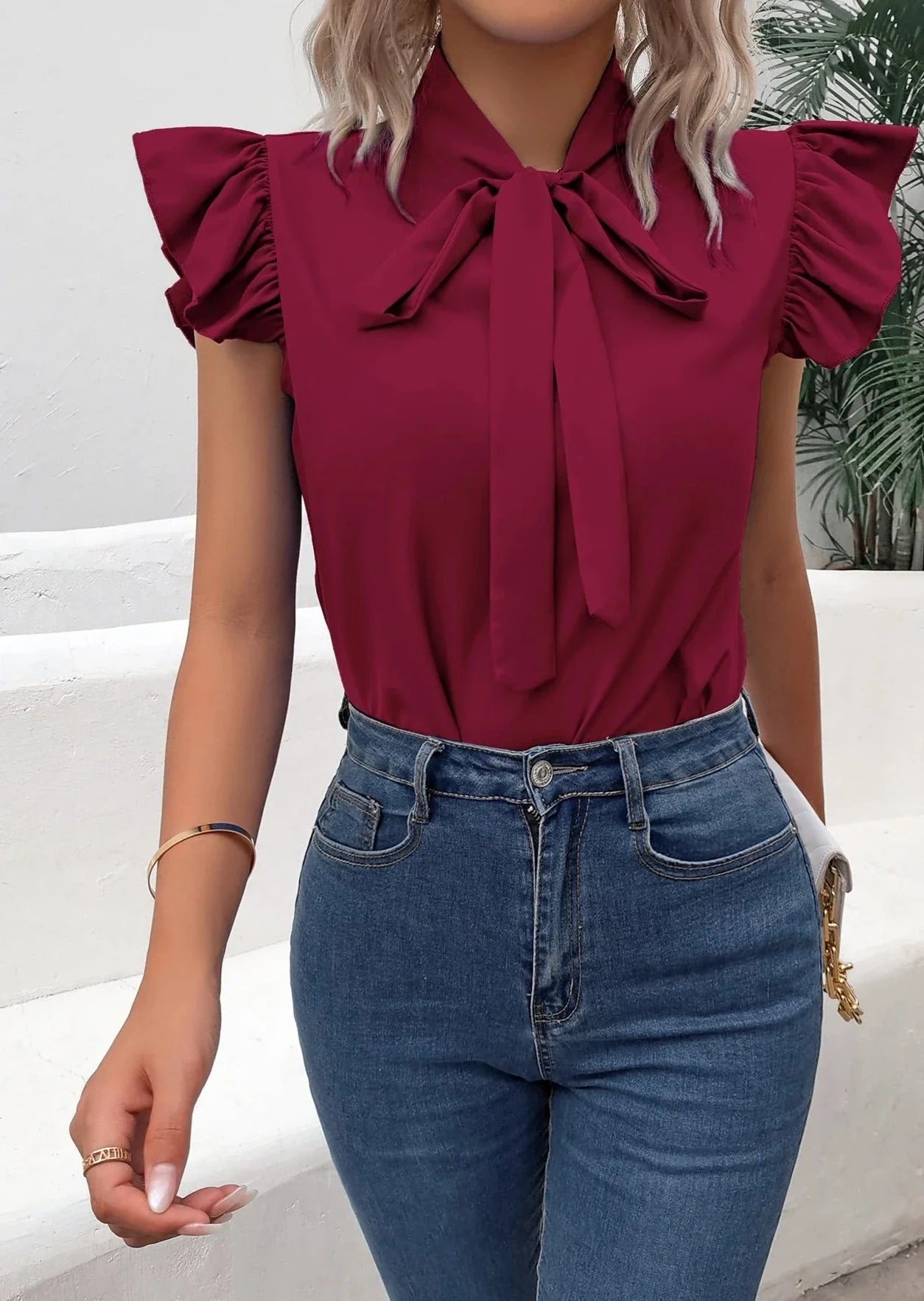 Bow Tie Flutter Sleeve Blouse