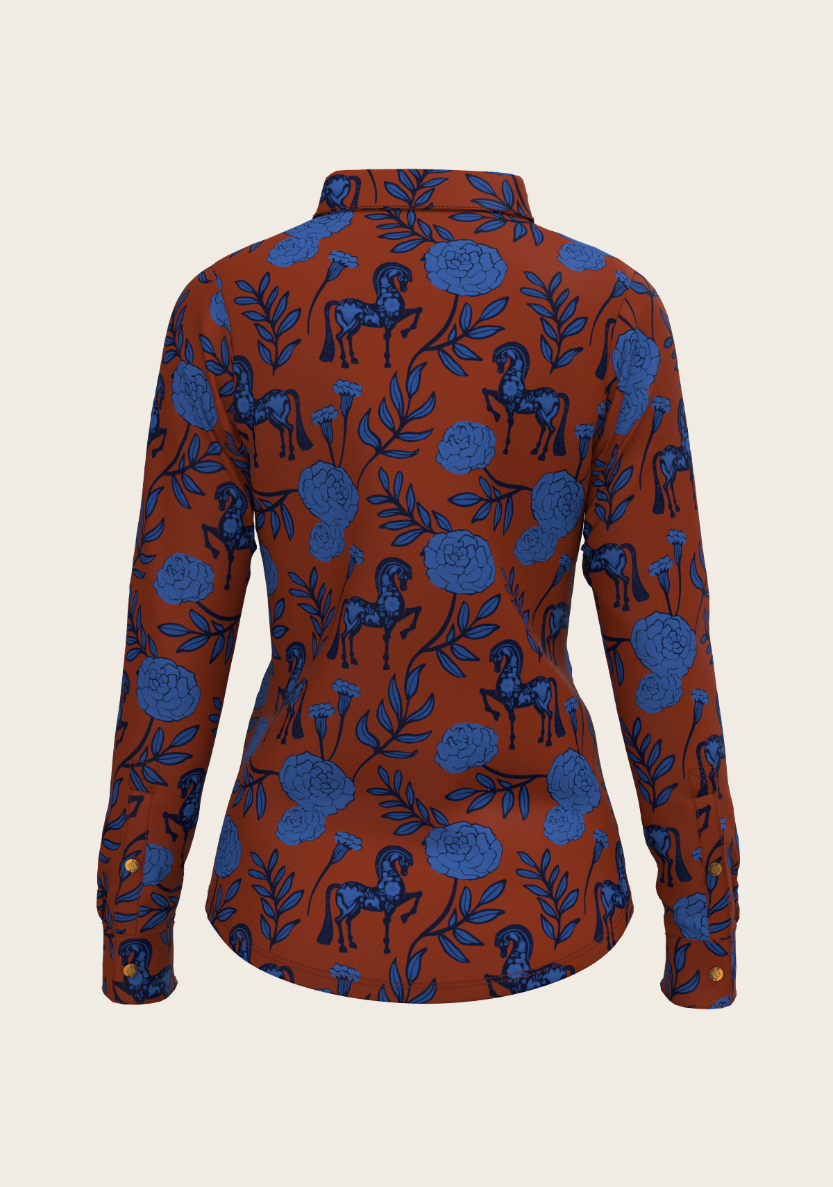 Peony Navy on Tan  Ladies Casual Button Shirt