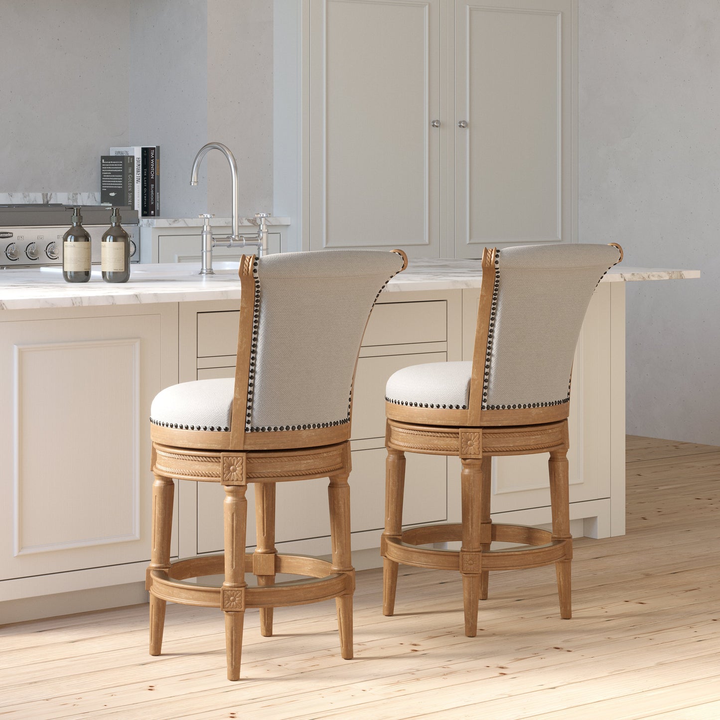 The Charlotte Swivel Barstool in Weathered Oak