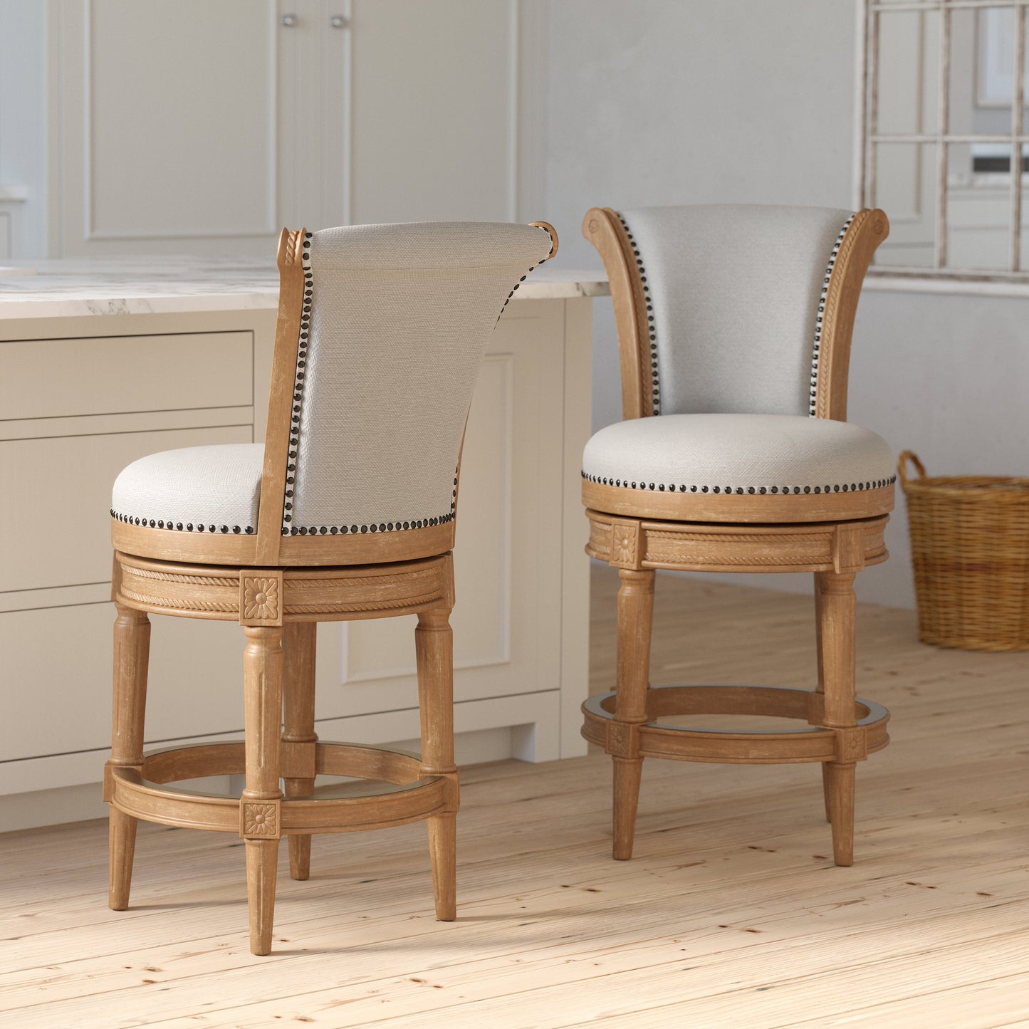 The Charlotte Swivel Barstool in Weathered Oak