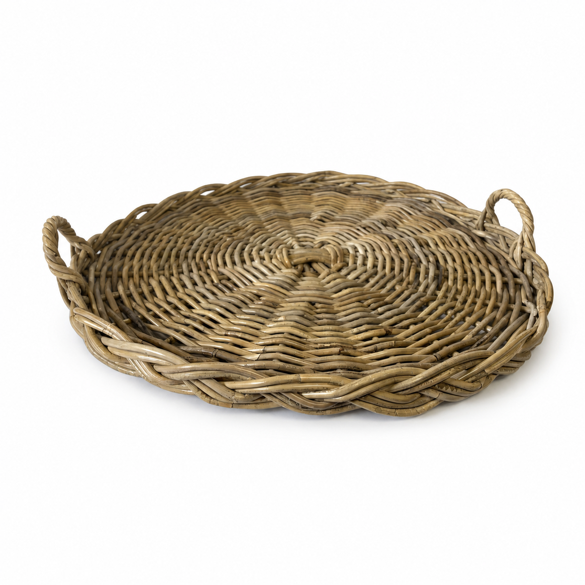 A round woven wicker tray with two side handles, shown on a plain white background.