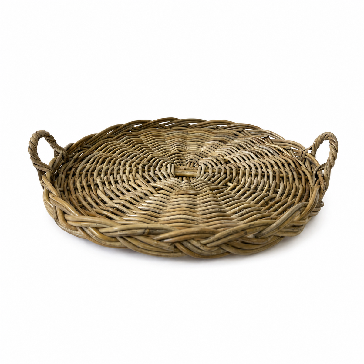 A round woven wicker tray with two loop handles on the sides, shown on a plain white background.