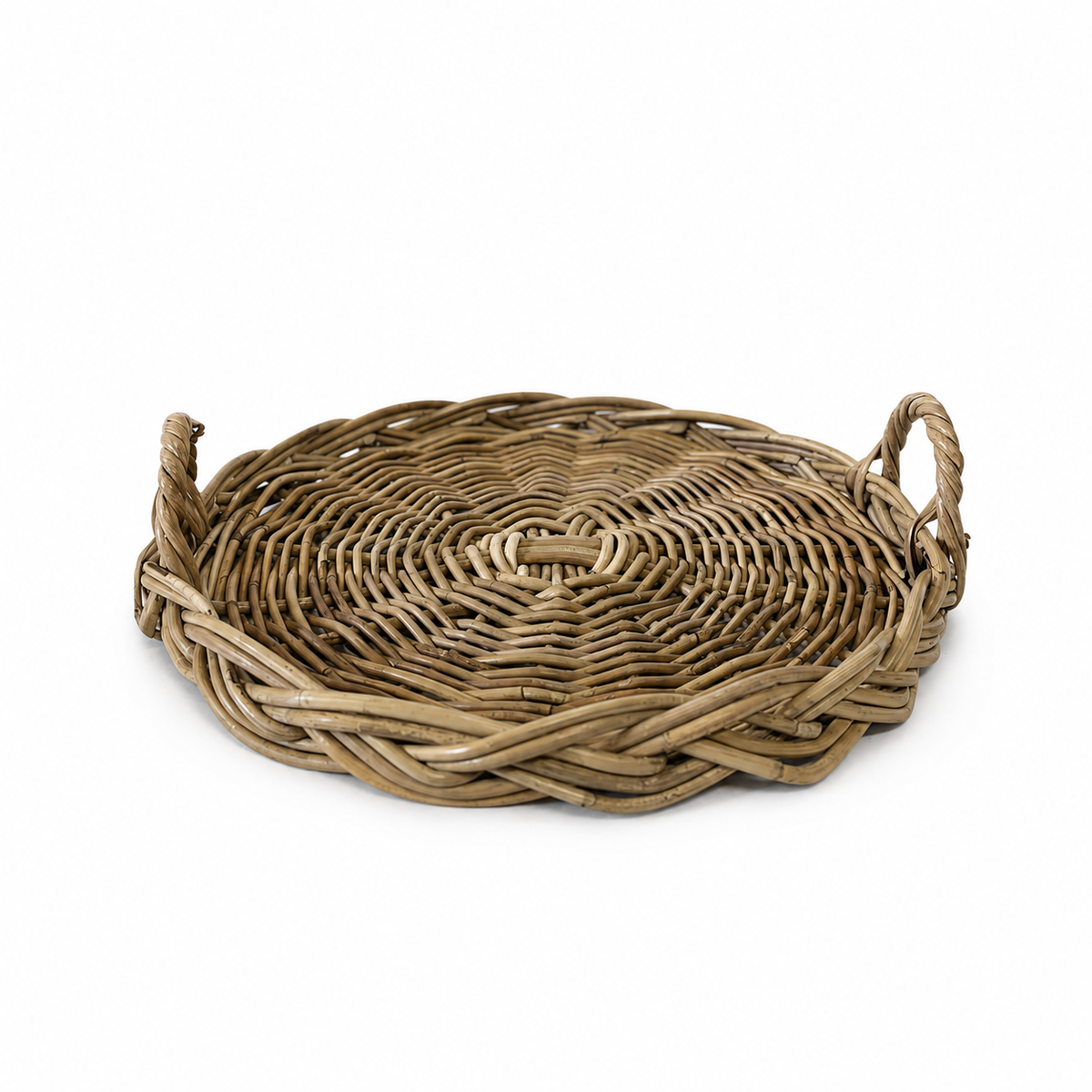 A round woven wicker tray with two side handles, shown on a plain white background.