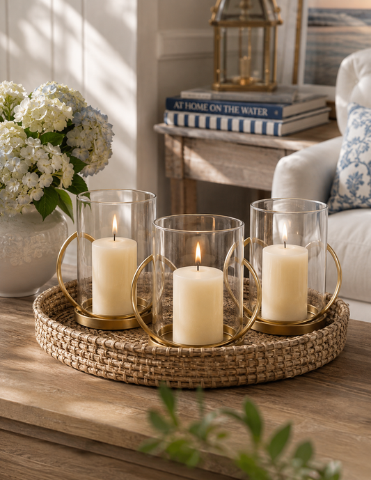 Brass & Glass Hurricane Candle Holders — Set of Three