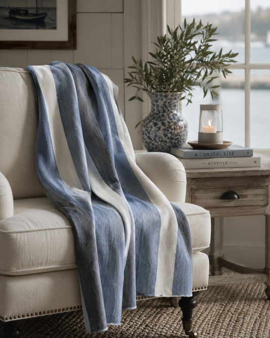 The Harbor House Collection | Newport Handwoven Alpaca Throw – Denim Blue, Slate & Cream