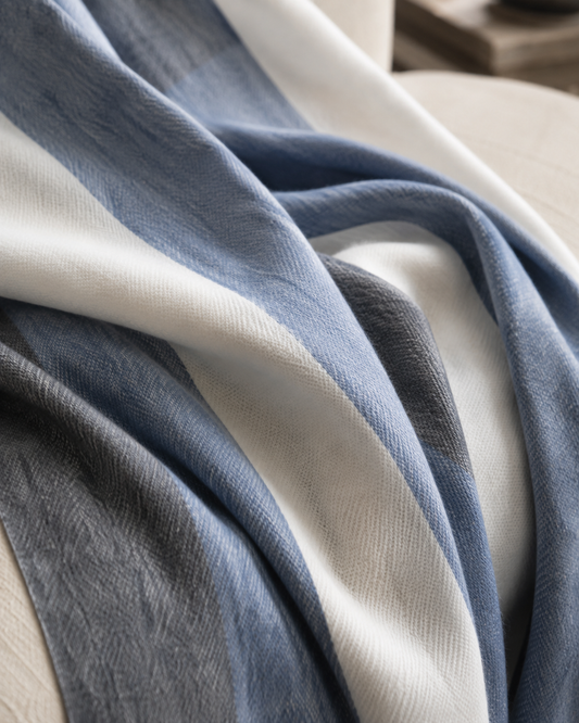 The Harbor House Collection | Newport Handwoven Alpaca Throw – Denim Blue, Slate & Cream