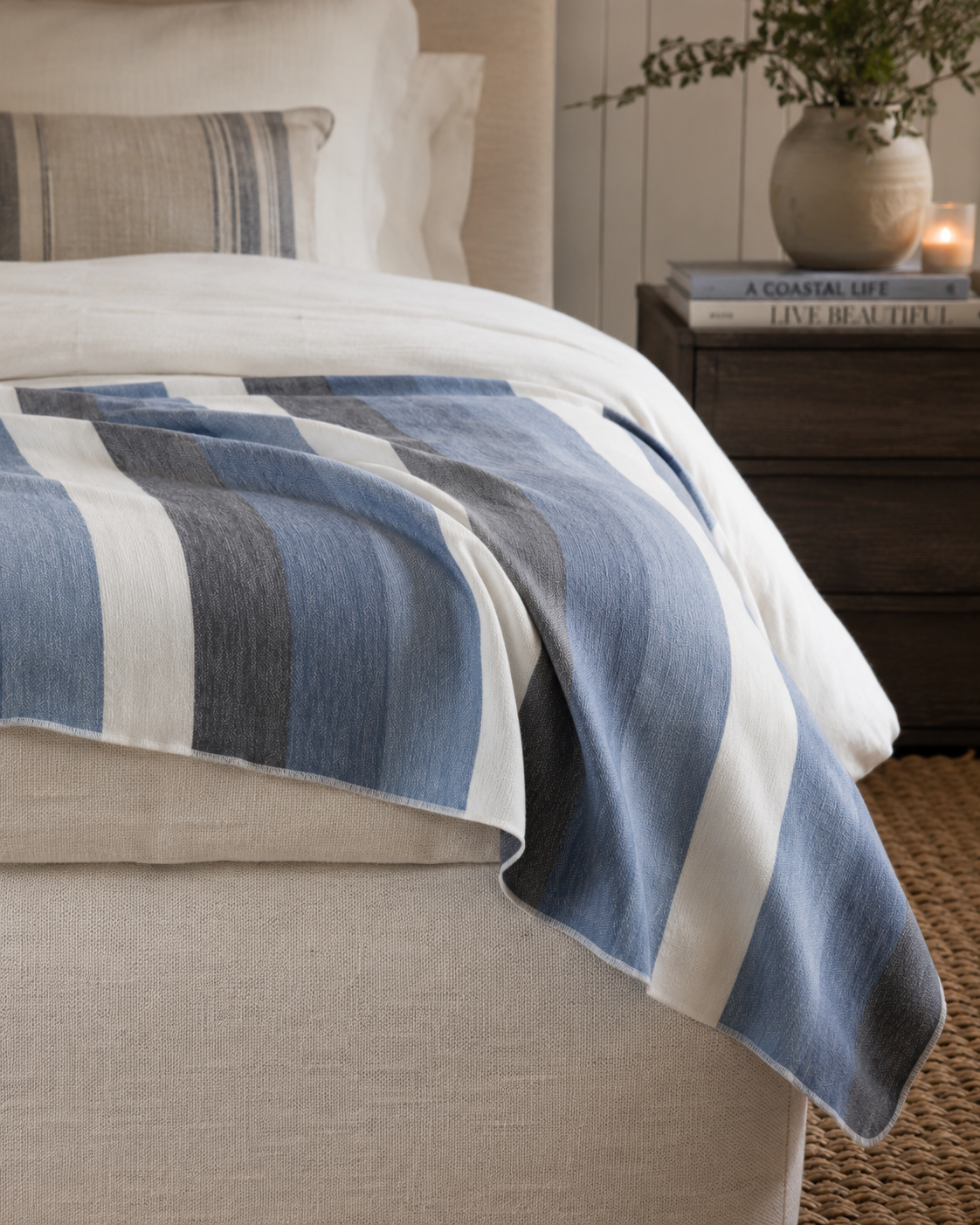The Harbor House Collection | Newport Handwoven Alpaca Throw – Denim Blue, Slate & Cream