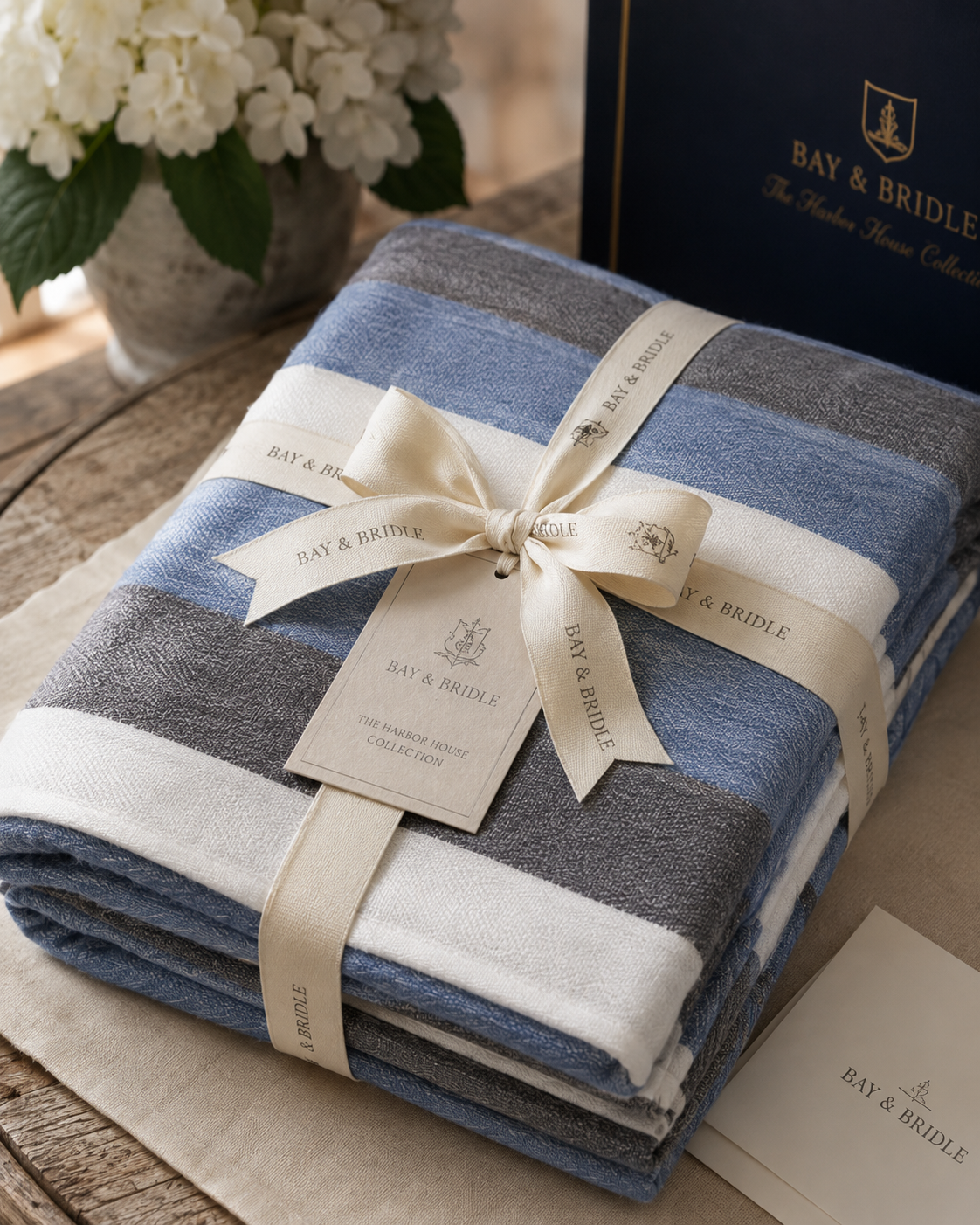 The Harbor House Collection | Newport Handwoven Alpaca Throw – Denim Blue, Slate & Cream