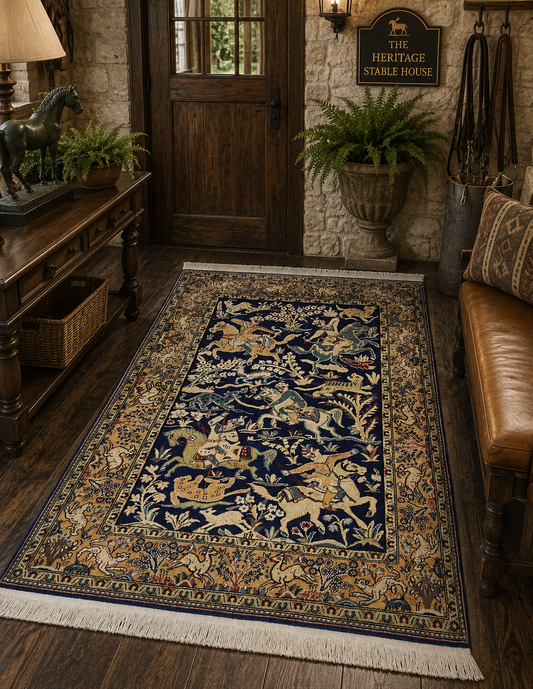 Vintage Persian Qum Hunting Scene Hand-Knotted Wool Rug – Navy & Mustard, 4' x 5'