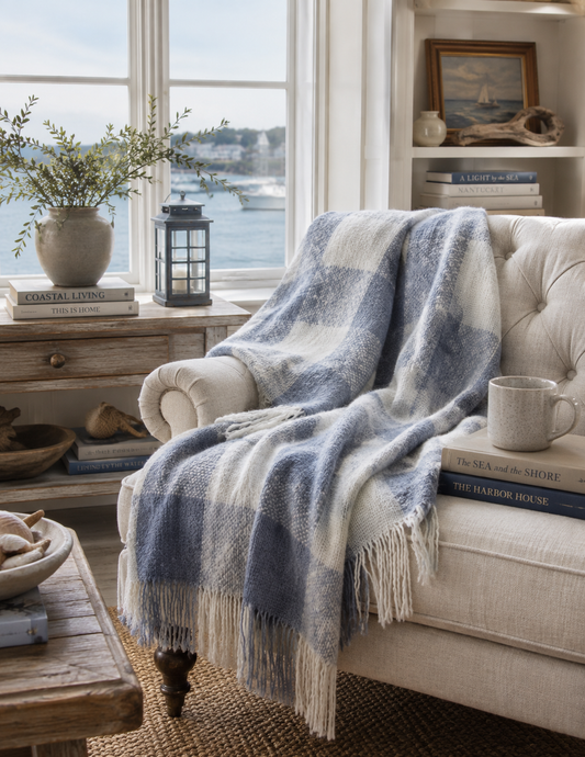 Harbor Plaid Faux Mohair Fringed Throw Blanket
