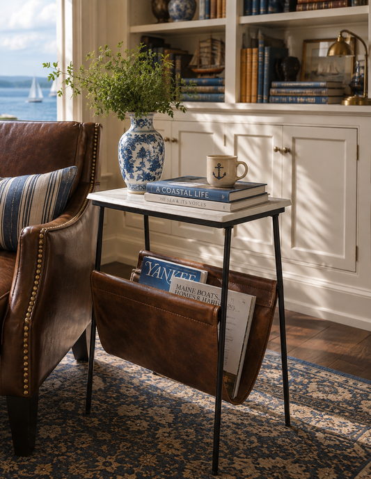 The Mariner Marble & Saddle Magazine Table