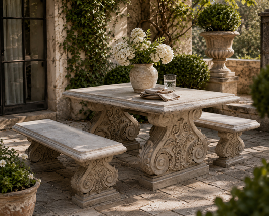 The Acanthus Courtyard Dining Table & Bench Set