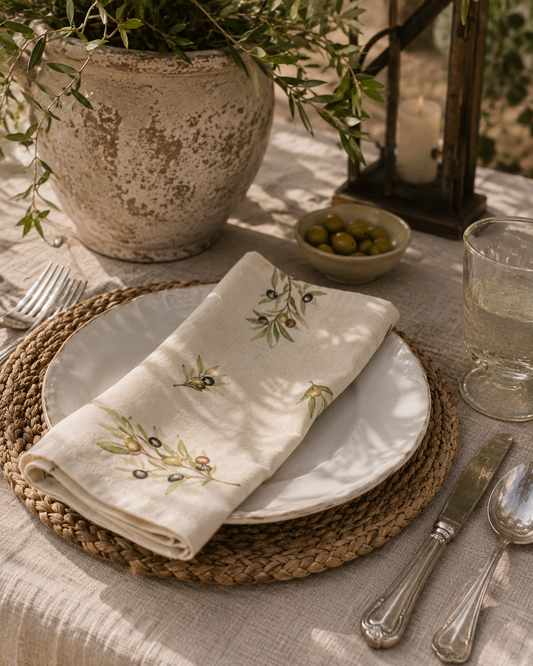 An embroidered linen napkin with olive branch and black olive motifs, folded over a white plate on a woven placemat. The setting includes a rustic ceramic planter, a glass of water, silver cutlery, and a small bowl of olives on a draped tablecloth.