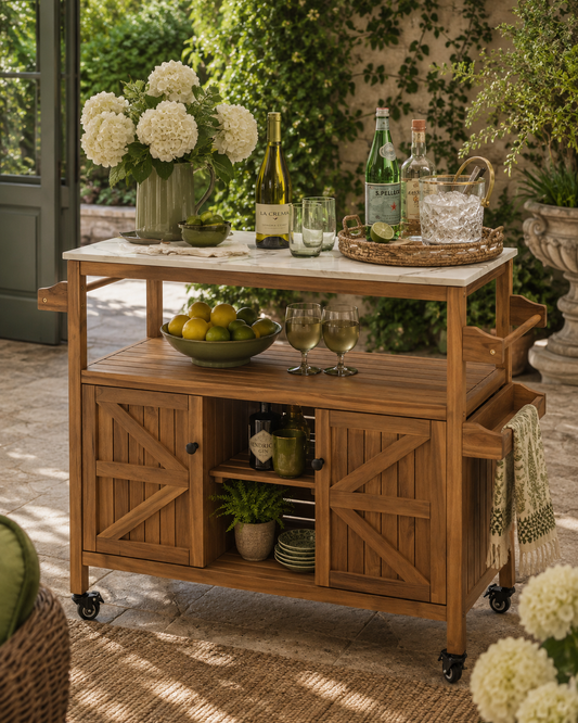 A wooden outdoor bar cart with a white marble top, styled on a patio with wine bottles, glasses, fruit, flowers, and a towel draped from the side.