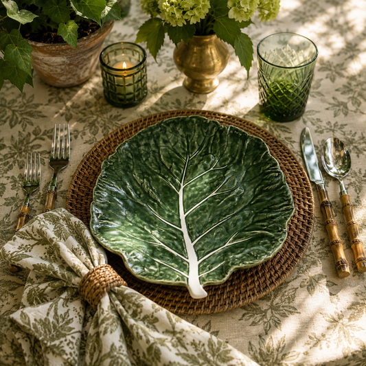 A green leaf-shaped ceramic plate with a white vein design is styled on a woven placemat over a floral tablecloth, surrounded by matching cutlery, a patterned napkin, and green glassware.