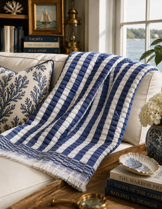 Sujani Heritage Handwoven Quilted Throw Blanket – Blue & White Stripe