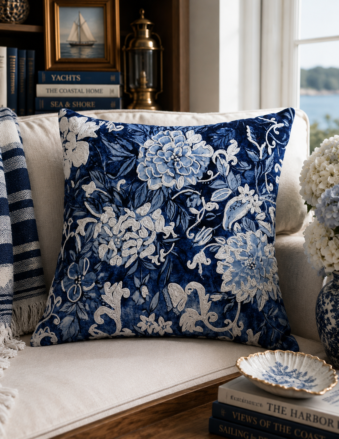 Harbor House Embroidered Blue & White Cotton Pillow