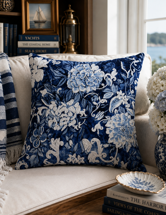 Harbor House Embroidered Blue & White Cotton Pillow