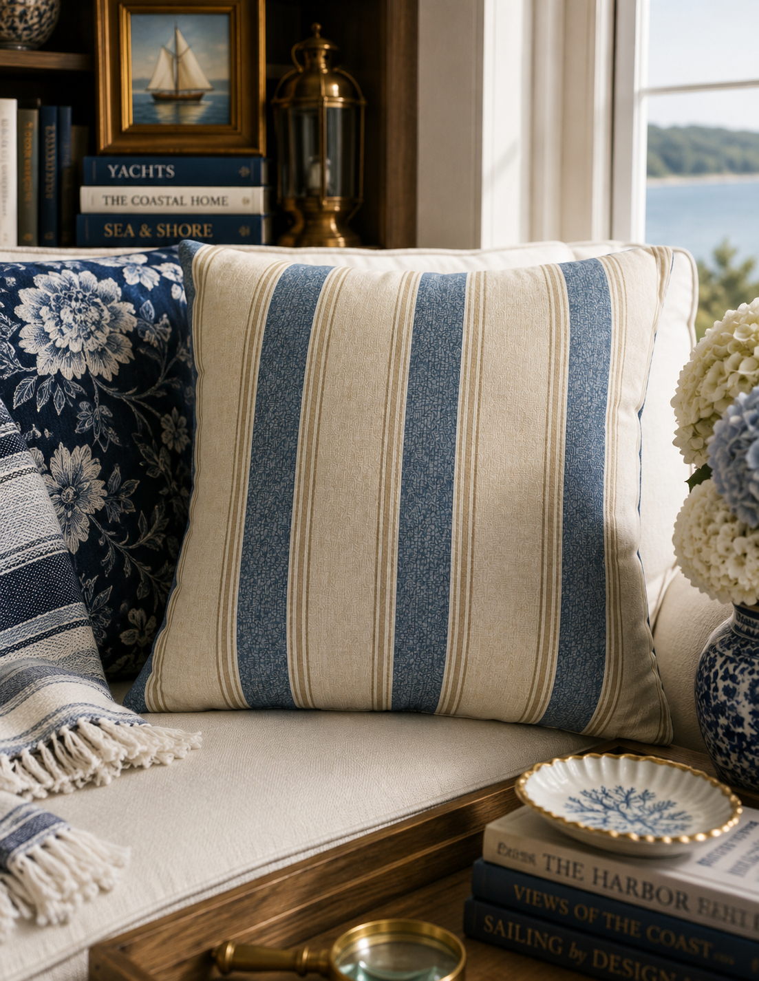 Blue Cream Striped Square Pillowcase | Poly Canvas Throw Pillow Cover 18x18