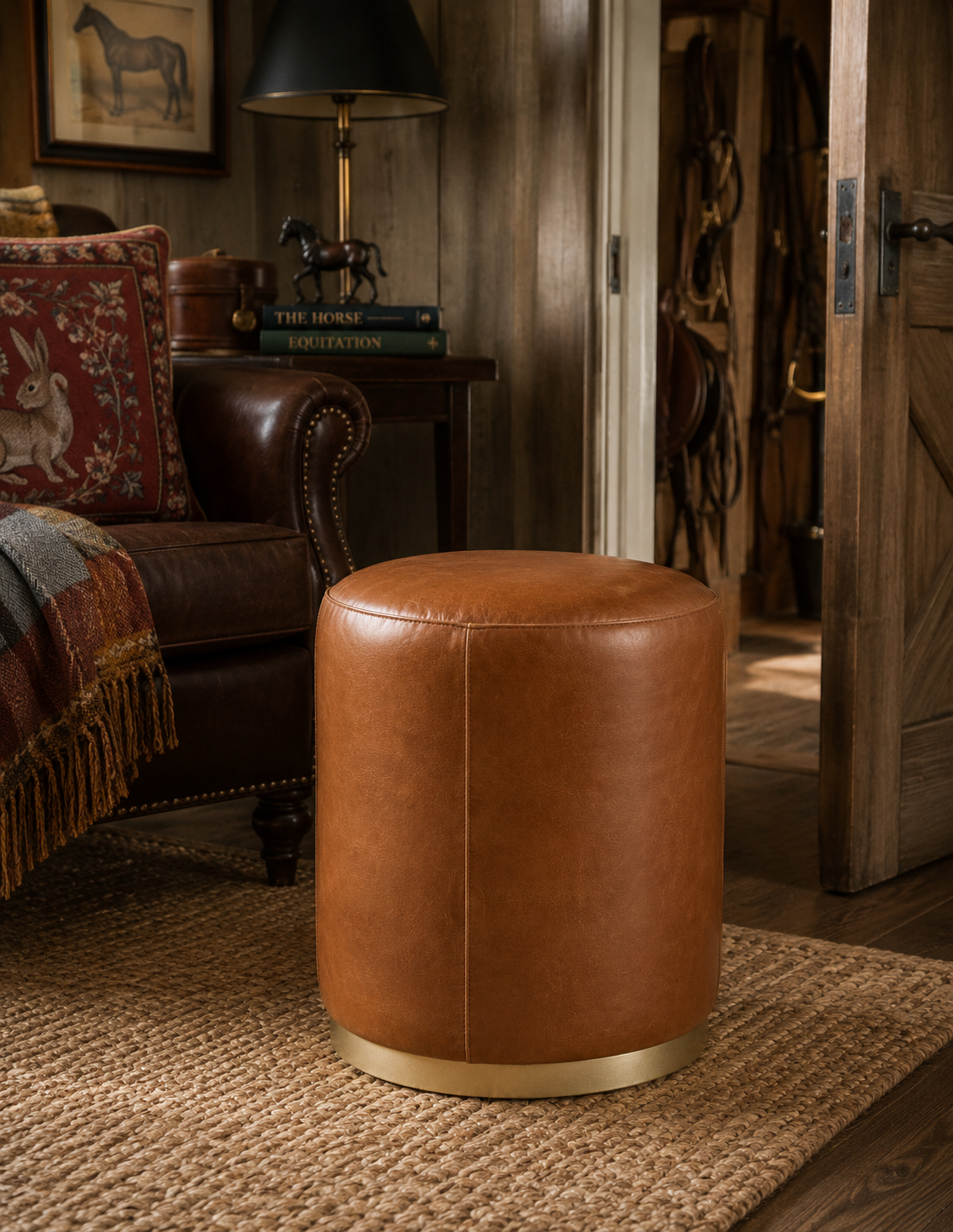Nico Camel Saddle Leather & Brass Ottoman