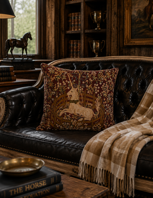 The Captive Unicorn Red French Tapestry Pillow