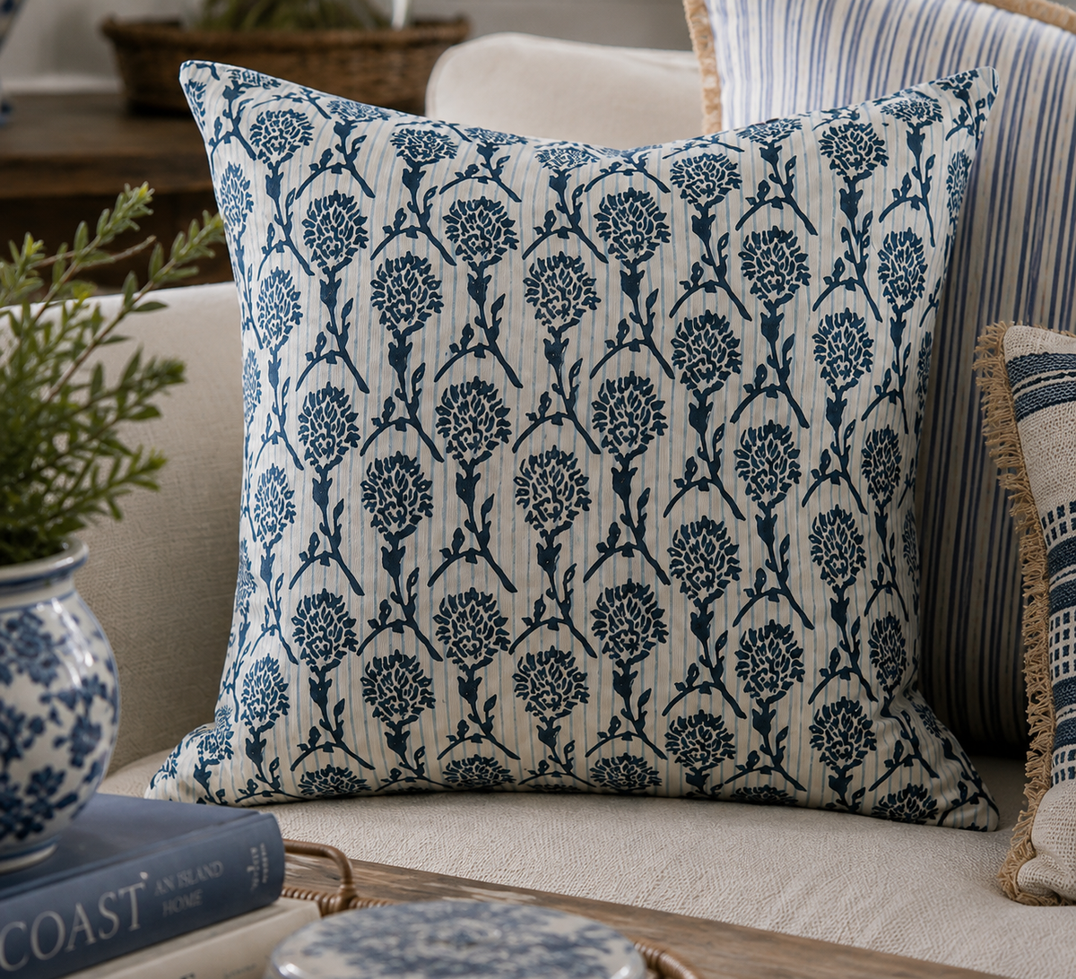 The Azure Garden Linen Throw Pillow Cover