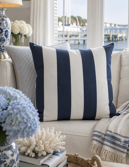 Harbor Stripe Blue Indoor Outdoor Throw Pillow | Bay & Bridle