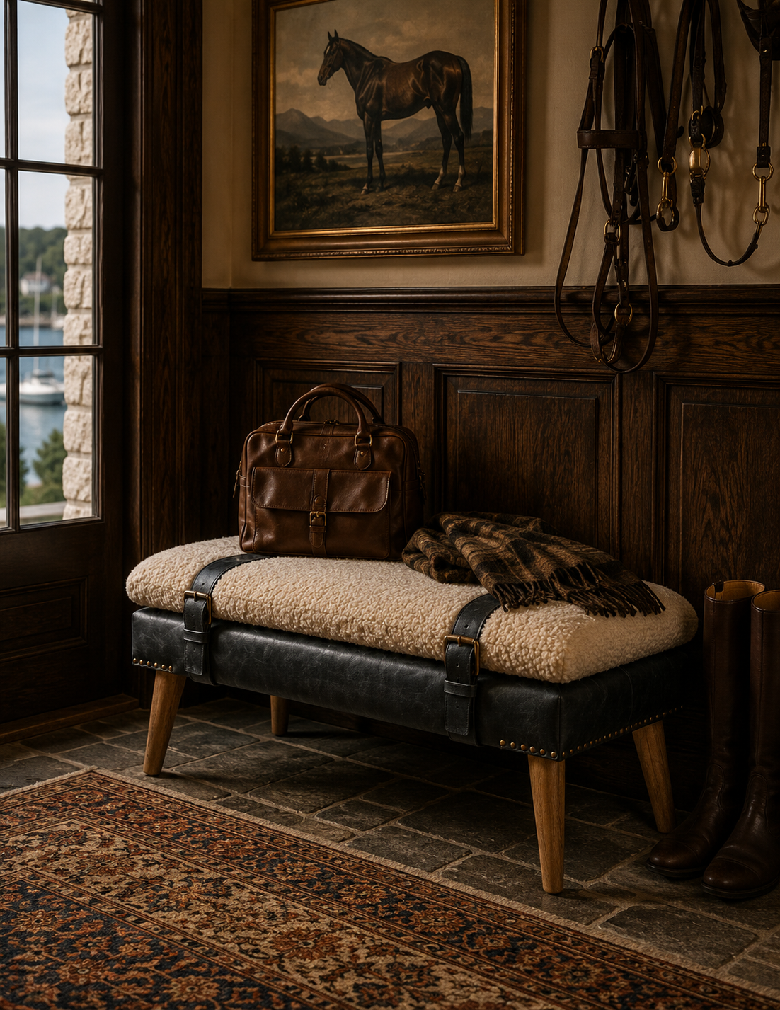 The Calder Bouclé & Buffalo Leather Bench — Oak