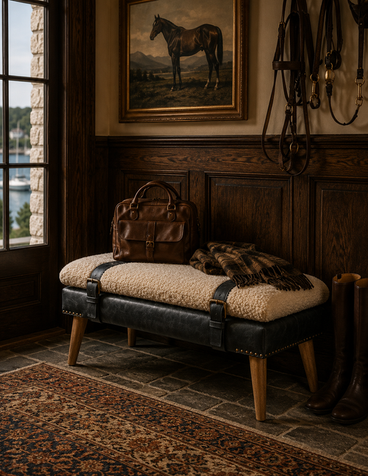 The Calder Bouclé & Buffalo Leather Bench — Oak