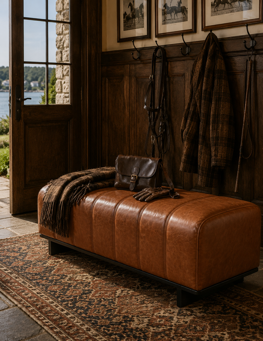 The Langford Upholstered Dining Bench — Saddle Brown