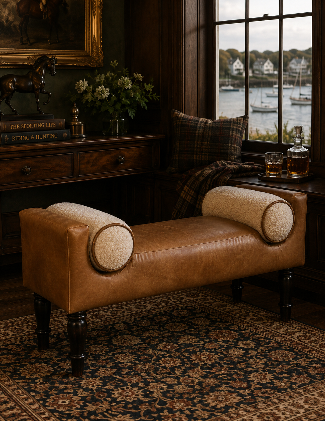 Chester Buffalo Leather Bench with Bouclé Bolsters