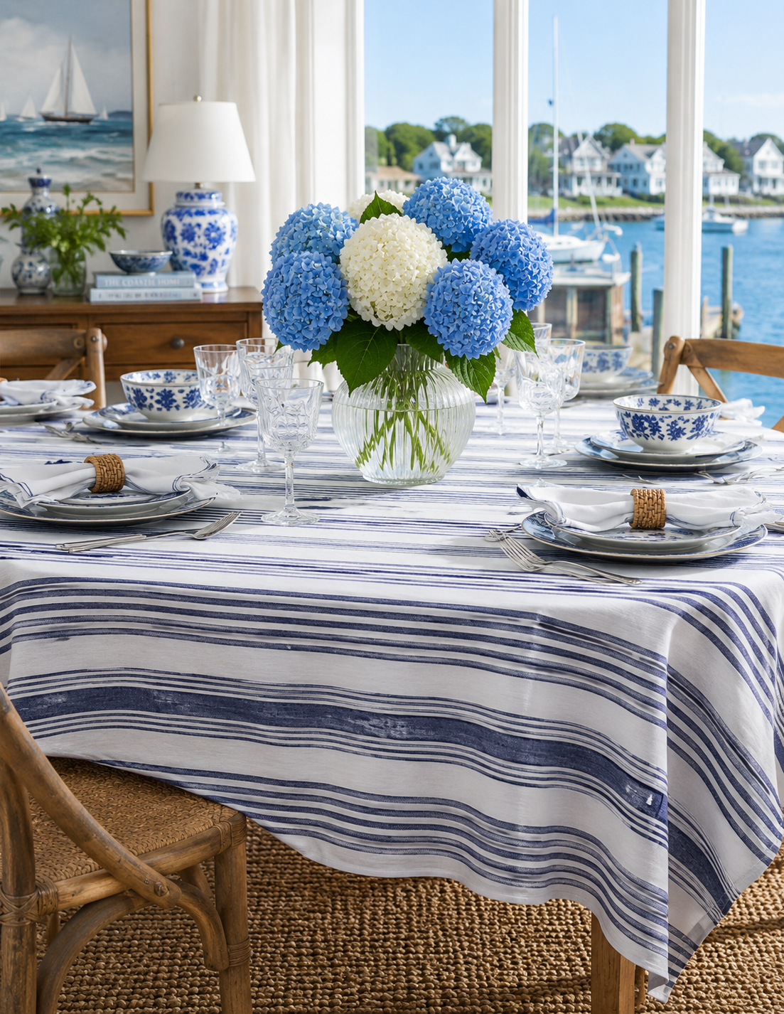 Harbor French Stripe Cotton Tablecloth — Blue & White