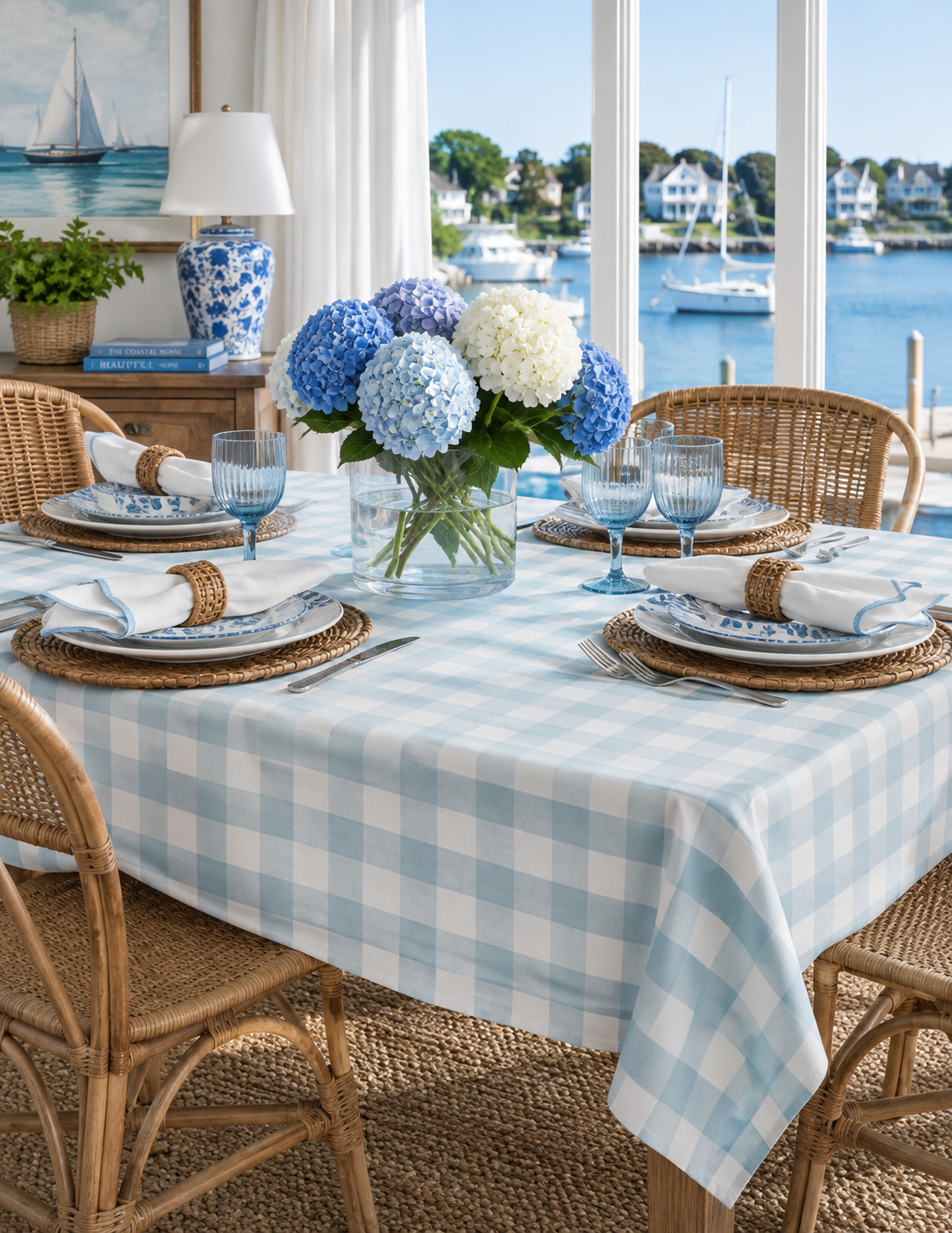 Harbor Check Cotton Tablecloth — Chambray Blue