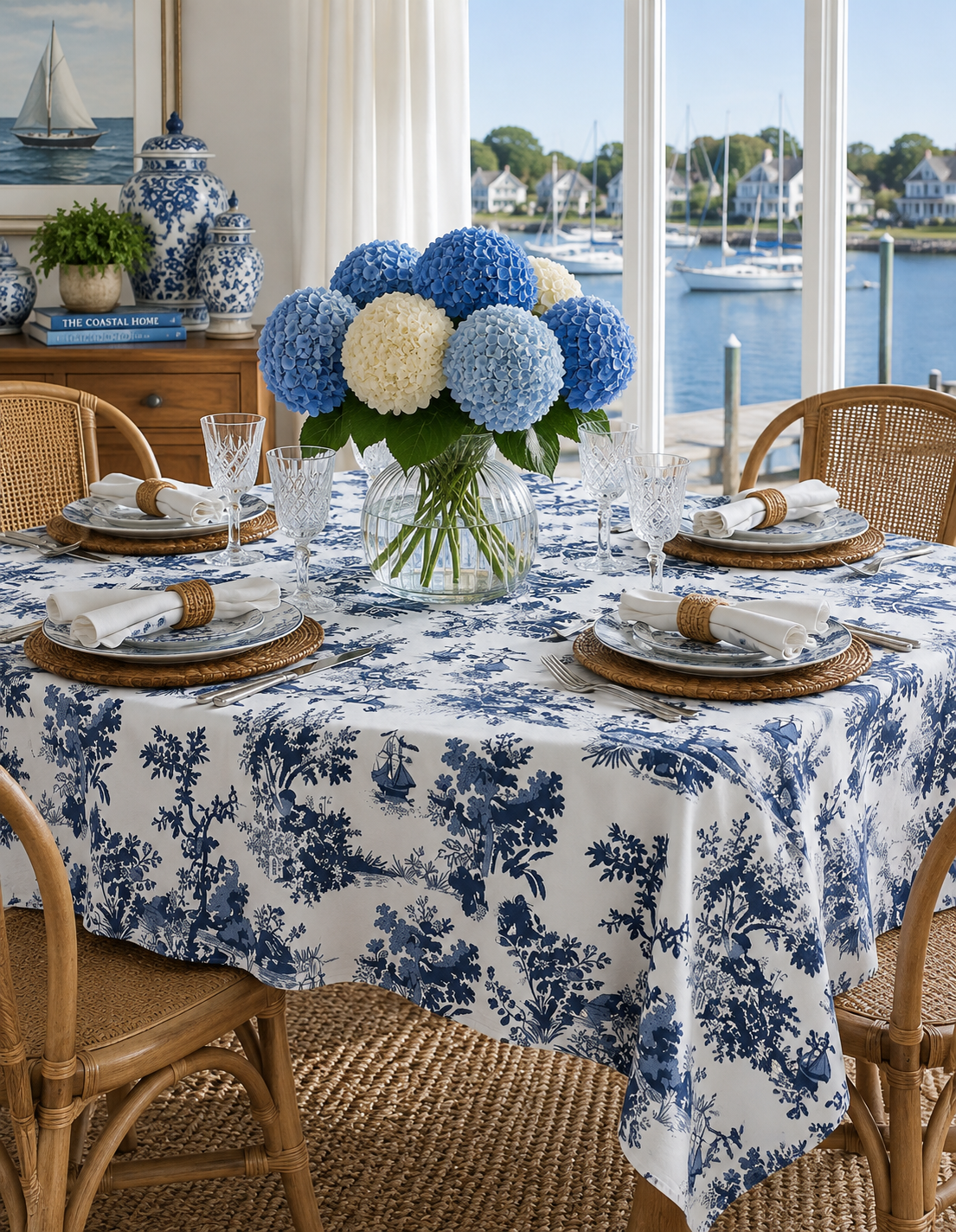 A dining table set with a blue and white toile floral tablecloth, woven placemats, white plates, and a large blue and white hydrangea floral centerpiece, set in a bright room with a window overlooking a harbor scene.