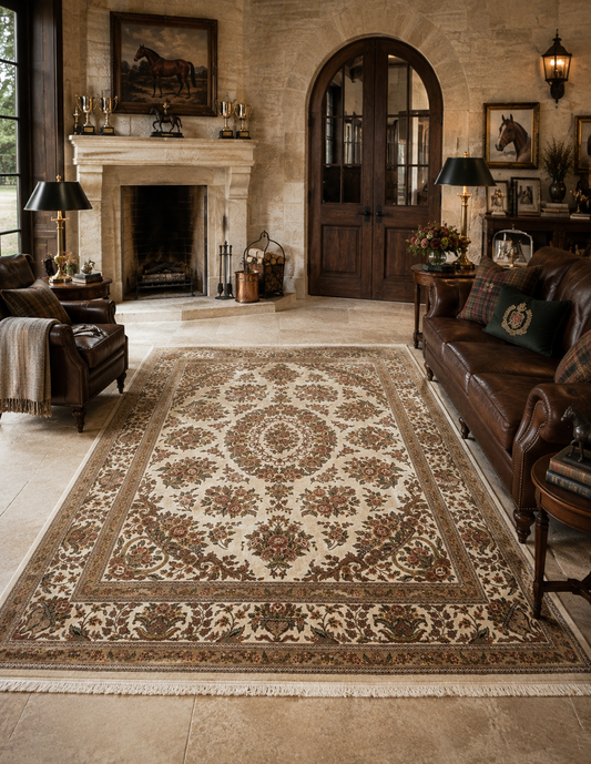 Sino Persian Hand-Knotted Wool & Silk Floral Area Rug – Beige, 8' x 10'