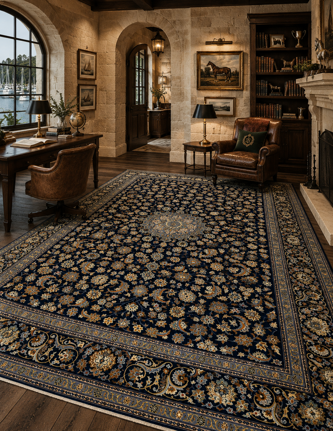 Antique Persian Kashan Hand-Knotted Wool Rug – Navy Blue & Gold, 11' x 13'