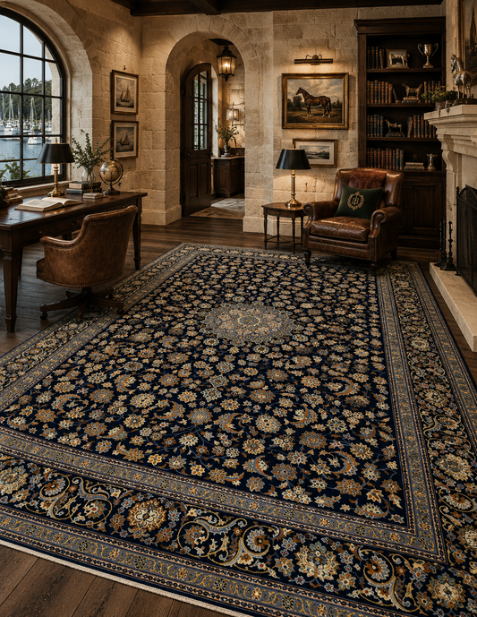 Antique Persian Kashan Hand-Knotted Wool Rug – Navy Blue & Gold, 11' x 13'