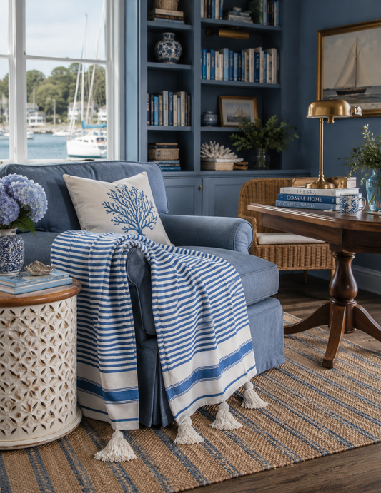 Brighton Blue & White Striped Cotton Throw Blanket