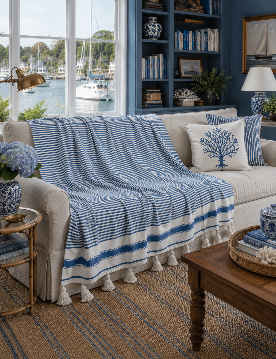 Brighton Blue & White Striped Cotton Throw Blanket
