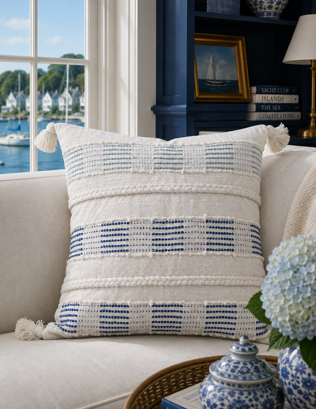Blue & White Woven Tassel Throw Pillow – 22"