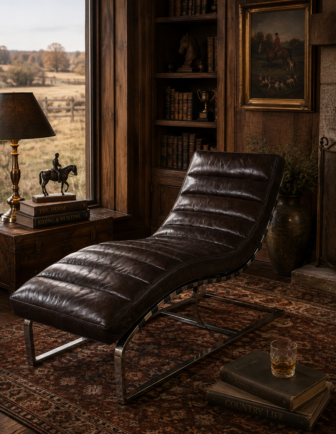 Sporting Estate Channeled Leather Chaise Lounge — Dark Brown