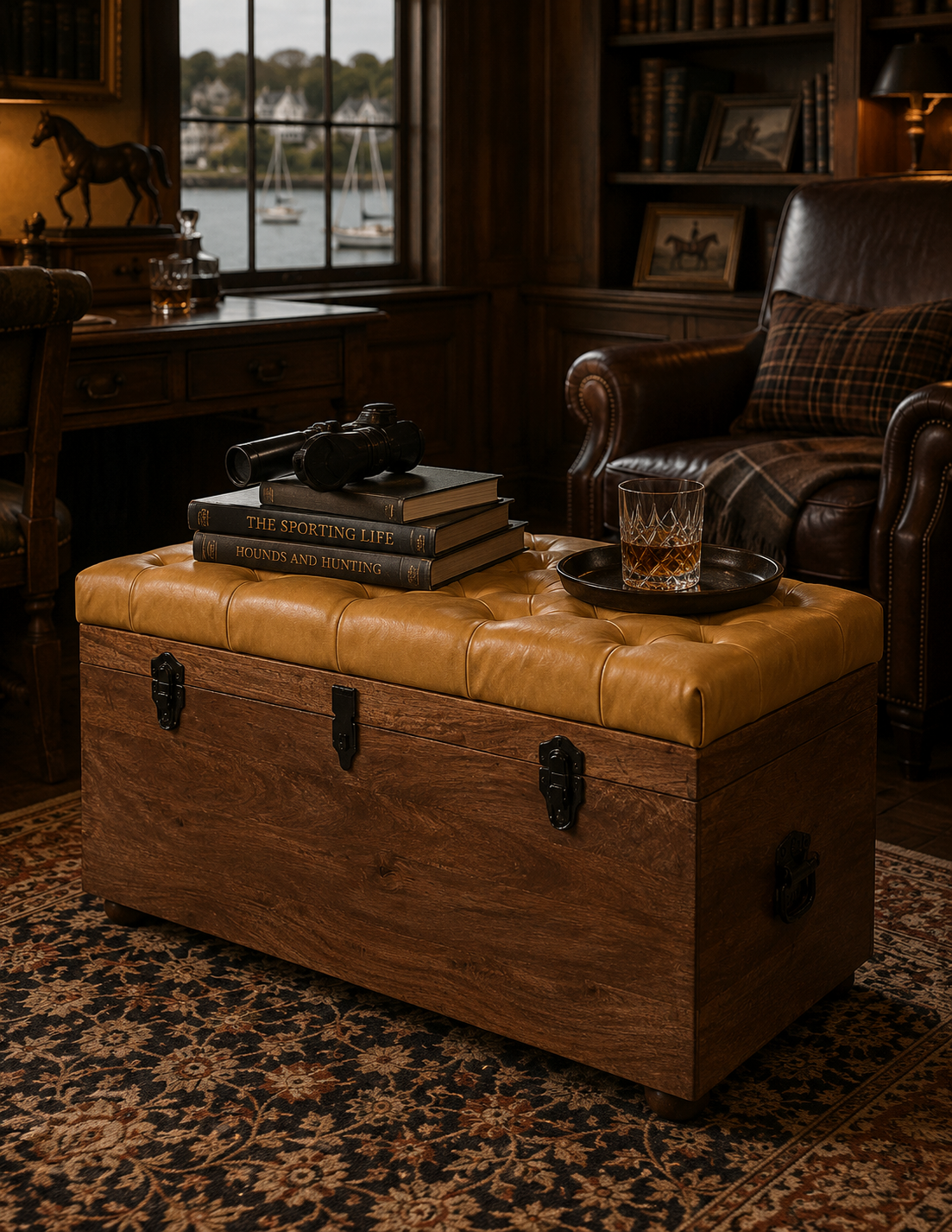Sporting Estate Buffalo Leather & Mango Wood Storage Bench — Honey