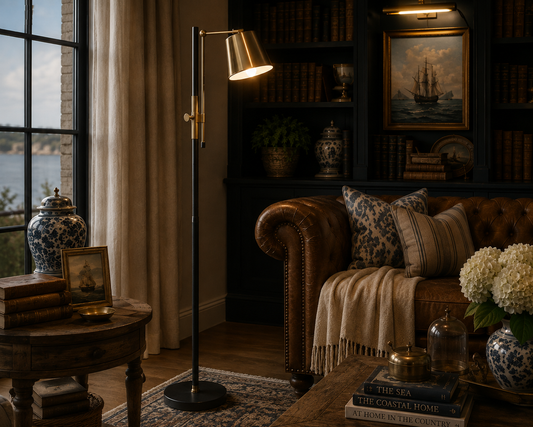 Mercer Adjustable Floor Lamp | Black & Antique Brass Reading Lamp | Coastal Library Collection | Bay & Bridle