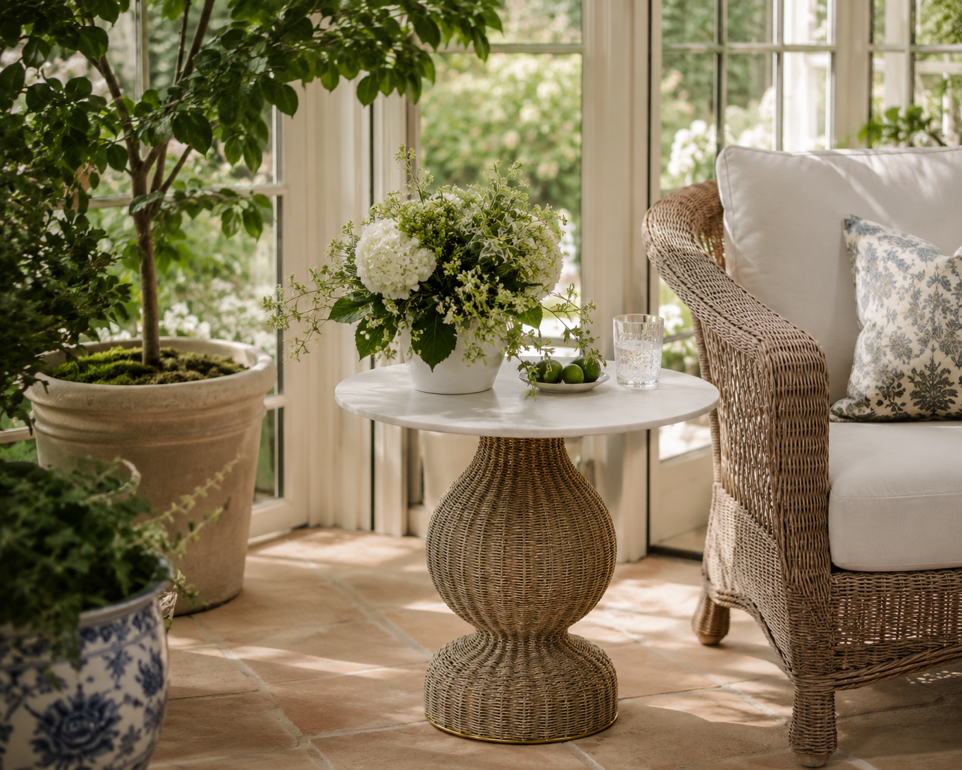 The Wren Marble & Woven Pedestal Dining Table