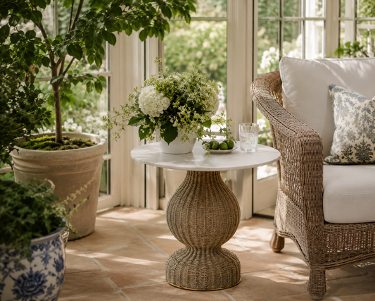 The Wren Marble & Woven Pedestal Dining Table